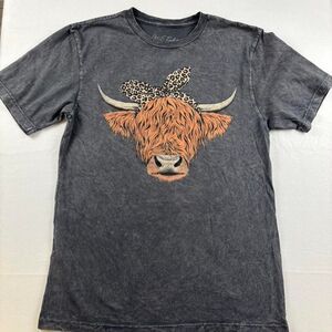 Lotus Fashion Gray Vintage Cow Graphic Tee w/ Leopard Bow – Size S